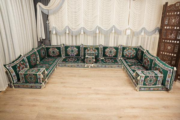 أريكة على طراز بوهو، أريكة جلوس أرضية عربية خضراء، أريكة مغربية، طقم جلوس أريكة ديوان، أريكة صالة عربية، طقم أريكة أرضية، جلسة عربية