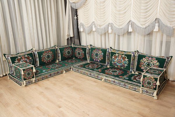 أريكة على طراز بوهو، أريكة جلوس أرضية عربية خضراء، أريكة مغربية، طقم جلوس أريكة ديوان، أريكة صالة عربية، طقم أريكة أرضية، جلسة عربية
