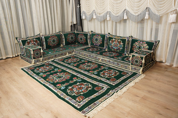 أريكة جلوس أرضية عربية خضراء، أريكة مغربية، أريكة صالة عربية، طقم جلوس أريكة ديوان، أريكة عثمانية، طقم أريكة مقطعية، أريكة على طراز بوهو