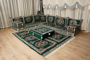 أريكة على طراز بوهو، أريكة جلوس أرضية عربية خضراء، أريكة مغربية، طقم جلوس أريكة ديوان، أريكة صالة عربية، طقم أريكة أرضية، جلسة عربية