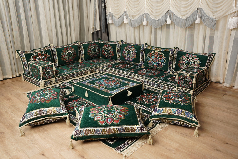 Boho Style Sofa, Green Arabic Floor Seating Sofa, Moroccan Sofa, Diwan Sofa Seating Set, Arabic Lounge Sofa, Floor Sofa Set, Arabic Jalsa