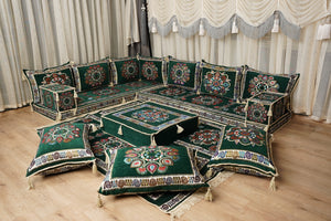 أريكة على طراز بوهو، أريكة جلوس أرضية عربية خضراء، أريكة مغربية، طقم جلوس أريكة ديوان، أريكة صالة عربية، طقم أريكة أرضية، جلسة عربية