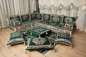 أريكة جلوس أرضية عربية خضراء، أريكة مغربية، أريكة صالة عربية، طقم جلوس أريكة ديوان، أريكة عثمانية، طقم أريكة مقطعية، أريكة على طراز بوهو