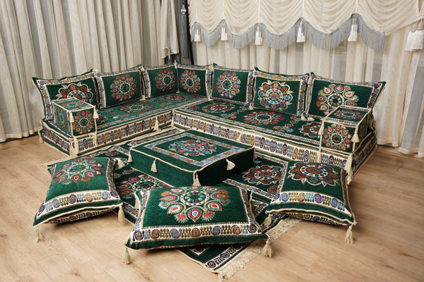 أريكة جلوس أرضية عربية خضراء، أريكة مغربية، أريكة صالة عربية، طقم جلوس أريكة ديوان، أريكة عثمانية، طقم أريكة مقطعية، أريكة على طراز بوهو