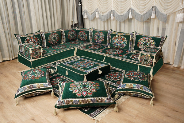 أريكة على طراز بوهو، أريكة جلوس أرضية عربية خضراء، أريكة مغربية، طقم جلوس أريكة ديوان، أريكة صالة عربية، طقم أريكة أرضية، جلسة عربية