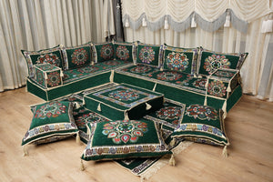 أريكة جلوس أرضية عربية خضراء، أريكة مغربية، أريكة صالة عربية، طقم جلوس أريكة ديوان، أريكة عثمانية، طقم أريكة مقطعية، أريكة على طراز بوهو