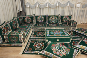 أريكة على طراز بوهو، أريكة جلوس أرضية عربية خضراء، أريكة مغربية، طقم جلوس أريكة ديوان، أريكة صالة عربية، طقم أريكة أرضية، جلسة عربية