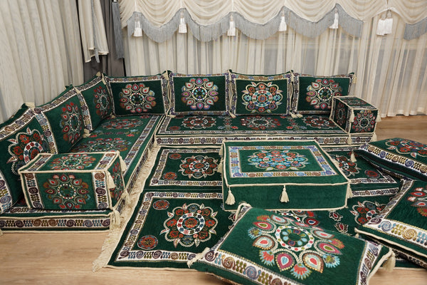 أريكة على طراز بوهو، أريكة جلوس أرضية عربية خضراء، أريكة مغربية، طقم جلوس أريكة ديوان، أريكة صالة عربية، طقم أريكة أرضية، جلسة عربية