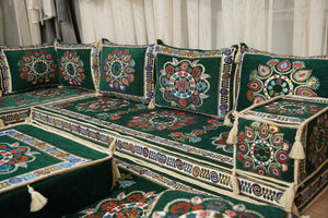 أريكة على طراز بوهو، أريكة جلوس أرضية عربية خضراء، أريكة مغربية، طقم جلوس أريكة ديوان، أريكة صالة عربية، طقم أريكة أرضية، جلسة عربية