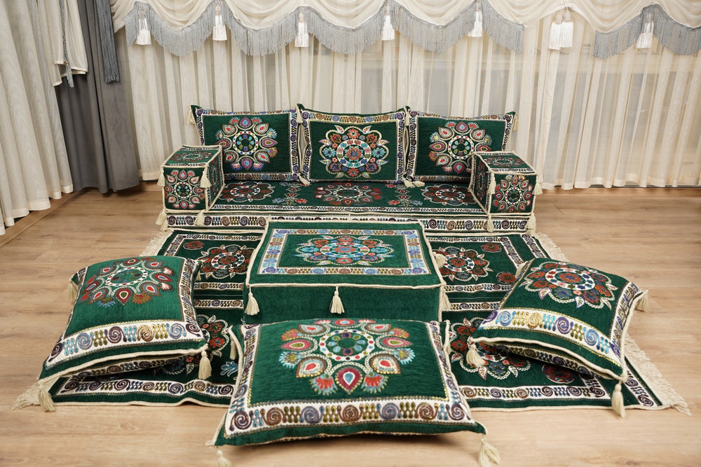 Green Arabic Floor Seating Sofa, Moroccan Sofa,  Arabic Lounge Sofa, Diwan Sofa Seating Set, Ottoman Couch, Sectional Sofa Set, Boho Style Sofa