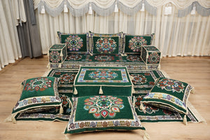 أريكة على طراز بوهو، أريكة جلوس أرضية عربية خضراء، أريكة مغربية، طقم جلوس أريكة ديوان، أريكة صالة عربية، طقم أريكة أرضية، جلسة عربية