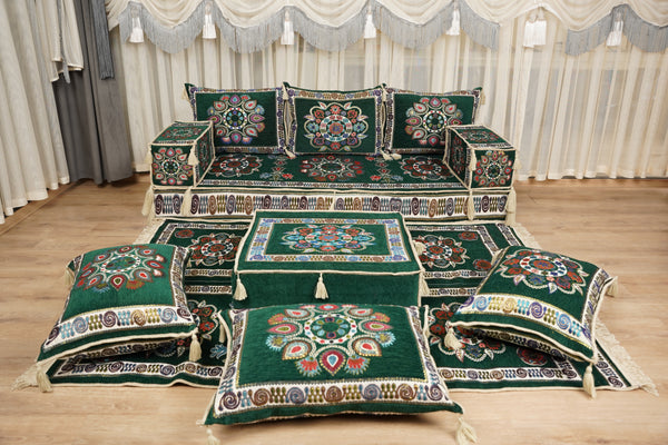 أريكة جلوس أرضية عربية خضراء، أريكة مغربية، أريكة صالة عربية، طقم جلوس أريكة ديوان، أريكة عثمانية، طقم أريكة مقطعية، أريكة على طراز بوهو