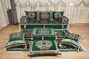 أريكة على طراز بوهو، أريكة جلوس أرضية عربية خضراء، أريكة مغربية، طقم جلوس أريكة ديوان، أريكة صالة عربية، طقم أريكة أرضية، جلسة عربية