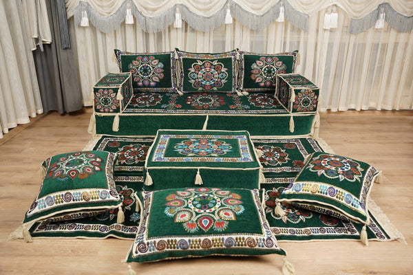 أريكة على طراز بوهو، أريكة جلوس أرضية عربية خضراء، أريكة مغربية، طقم جلوس أريكة ديوان، أريكة صالة عربية، طقم أريكة أرضية، جلسة عربية
