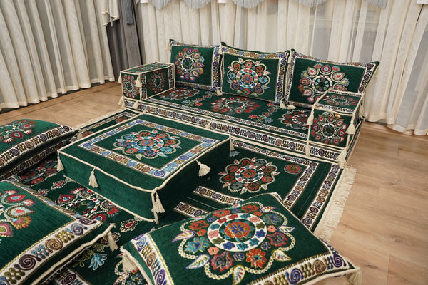 أريكة على طراز بوهو، أريكة جلوس أرضية عربية خضراء، أريكة مغربية، طقم جلوس أريكة ديوان، أريكة صالة عربية، طقم أريكة أرضية، جلسة عربية