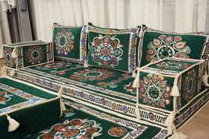 أريكة على طراز بوهو، أريكة جلوس أرضية عربية خضراء، أريكة مغربية، طقم جلوس أريكة ديوان، أريكة صالة عربية، طقم أريكة أرضية، جلسة عربية