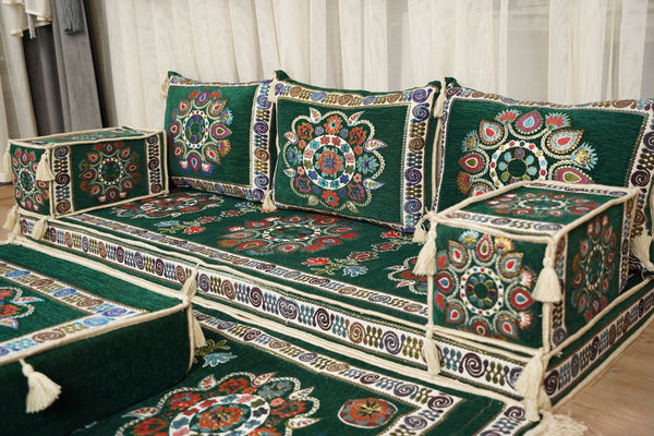 أريكة على طراز بوهو، أريكة جلوس أرضية عربية خضراء، أريكة مغربية، طقم جلوس أريكة ديوان، أريكة صالة عربية، طقم أريكة أرضية، جلسة عربية