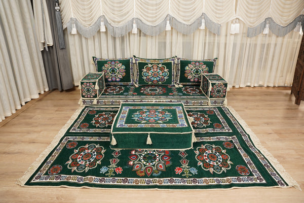 أريكة على طراز بوهو، أريكة جلوس أرضية عربية خضراء، أريكة مغربية، طقم جلوس أريكة ديوان، أريكة صالة عربية، طقم أريكة أرضية، جلسة عربية