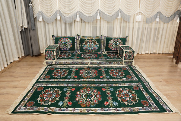 أريكة على طراز بوهو، أريكة جلوس أرضية عربية خضراء، أريكة مغربية، طقم جلوس أريكة ديوان، أريكة صالة عربية، طقم أريكة أرضية، جلسة عربية