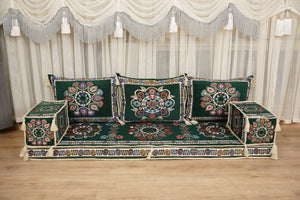 أريكة على طراز بوهو، أريكة جلوس أرضية عربية خضراء، أريكة مغربية، طقم جلوس أريكة ديوان، أريكة صالة عربية، طقم أريكة أرضية، جلسة عربية