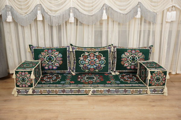 أريكة على طراز بوهو، أريكة جلوس أرضية عربية خضراء، أريكة مغربية، طقم جلوس أريكة ديوان، أريكة صالة عربية، طقم أريكة أرضية، جلسة عربية