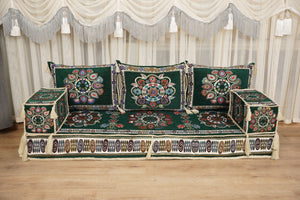 أريكة جلوس أرضية عربية خضراء، أريكة مغربية، أريكة صالة عربية، طقم جلوس أريكة ديوان، أريكة عثمانية، طقم أريكة مقطعية، أريكة على طراز بوهو