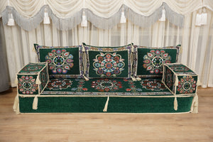 أريكة على طراز بوهو، أريكة جلوس أرضية عربية خضراء، أريكة مغربية، طقم جلوس أريكة ديوان، أريكة صالة عربية، طقم أريكة أرضية، جلسة عربية