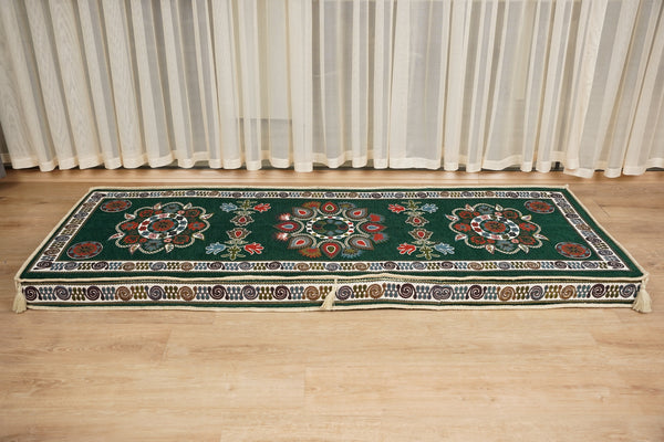 أريكة على طراز بوهو، أريكة جلوس أرضية عربية خضراء، أريكة مغربية، طقم جلوس أريكة ديوان، أريكة صالة عربية، طقم أريكة أرضية، جلسة عربية