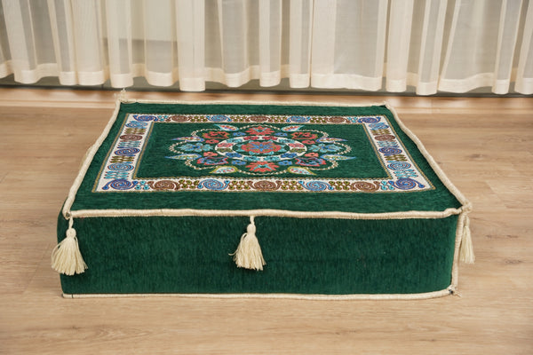 أريكة على طراز بوهو، أريكة جلوس أرضية عربية خضراء، أريكة مغربية، طقم جلوس أريكة ديوان، أريكة صالة عربية، طقم أريكة أرضية، جلسة عربية