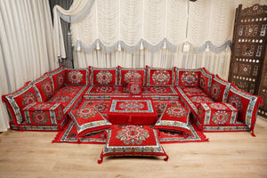 Red Arabic Majlis Floor Sofa, Diwan Sofa Sets, Turkish Floor Sofa, Moroccan Cushion, Ethnic Floor Cushion, Kilim Cushion Set, Traditional Sofa