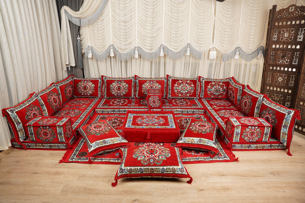 Red Arabic Majlis Floor Sofa, Diwan Sofa Sets, Turkish Floor Sofa, Moroccan Cushion, Ethnic Floor Cushion, Kilim Cushion Set, Traditional Sofa