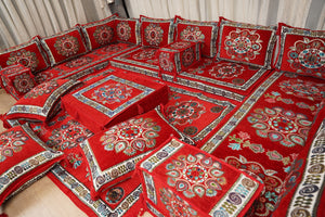 Red Arabic Majlis Floor Sofa, Diwan Sofa Sets, Turkish Floor Sofa, Moroccan Cushion, Ethnic Floor Cushion, Kilim Cushion Set, Traditional Sofa