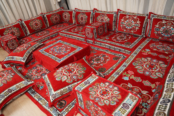 Red Arabic Majlis Floor Sofa, Diwan Sofa Sets, Turkish Floor Sofa, Moroccan Cushion, Ethnic Floor Cushion, Kilim Cushion Set, Traditional Sofa