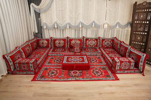 Red Arabic Majlis Floor Sofa, Diwan Sofa Sets, Turkish Floor Sofa, Moroccan Cushion, Ethnic Floor Cushion, Kilim Cushion Set, Traditional Sofa