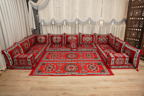 Red Arabic Majlis Floor Sofa, Diwan Sofa Sets, Turkish Floor Sofa, Moroccan Cushion, Ethnic Floor Cushion, Kilim Cushion Set, Traditional Sofa