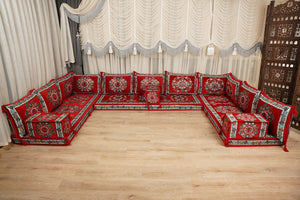 Red Arabic Majlis Floor Sofa, Diwan Sofa Sets, Turkish Floor Sofa, Moroccan Cushion, Ethnic Floor Cushion, Kilim Cushion Set, Traditional Sofa