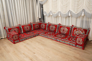 Red Arabic Majlis Floor Sofa, Diwan Sofa Sets, Turkish Floor Sofa, Moroccan Cushion, Ethnic Floor Cushion, Kilim Cushion Set, Traditional Sofa