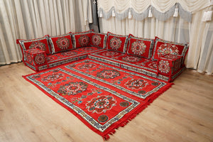 Red Arabic Majlis Floor Sofa, Diwan Sofa Sets, Turkish Floor Sofa, Moroccan Cushion, Ethnic Floor Cushion, Kilim Cushion Set, Traditional Sofa