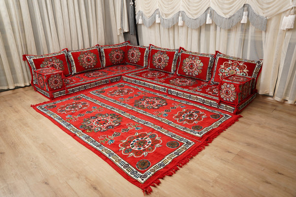 Red Arabic Majlis Floor Sofa, Diwan Sofa Sets, Turkish Floor Sofa, Moroccan Cushion, Ethnic Floor Cushion, Kilim Cushion Set, Traditional Sofa