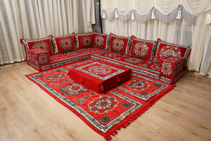Red Arabic Majlis Floor Sofa, Diwan Sofa Sets, Turkish Floor Sofa, Moroccan Cushion, Ethnic Floor Cushion, Kilim Cushion Set, Traditional Sofa