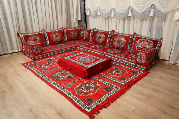 Red Arabic Majlis Floor Sofa, Diwan Sofa Sets, Turkish Floor Sofa, Moroccan Cushion, Ethnic Floor Cushion, Kilim Cushion Set, Traditional Sofa