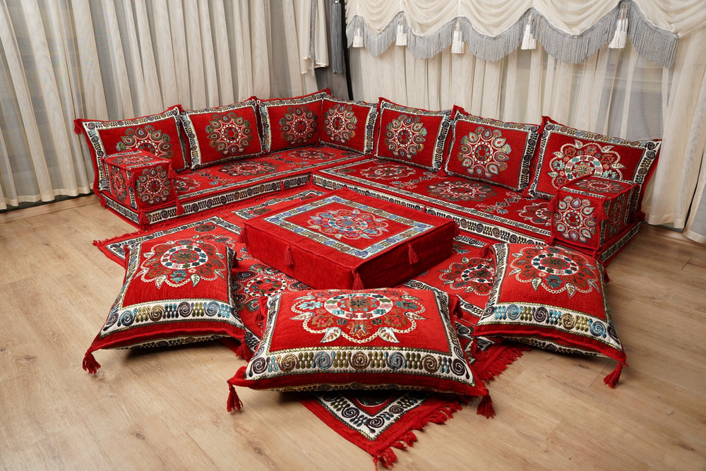 Red Arabic Majlis Floor Sofa, Diwan Sofa Sets, Turkish Floor Sofa, Moroccan Cushion, Ethnic Floor Cushion, Kilim Cushion Set, Traditional Sofa