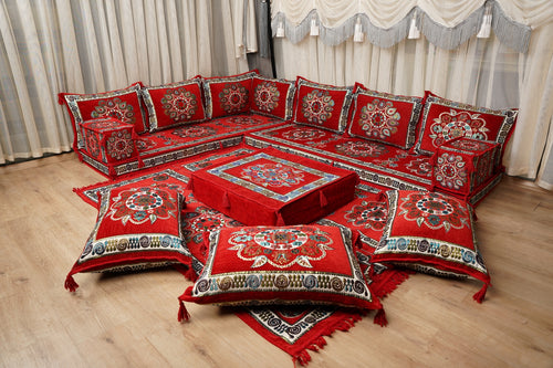 Red Arabic Majlis Floor Sofa, Diwan Sofa Sets, Turkish Floor Sofa, Moroccan Cushion, Ethnic Floor Cushion, Kilim Cushion Set, Traditional Sofa