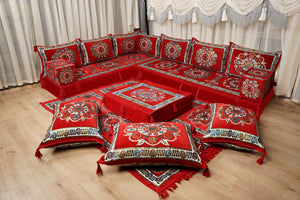 Red Arabic Majlis Floor Sofa, Diwan Sofa Sets, Turkish Floor Sofa, Moroccan Cushion, Ethnic Floor Cushion, Kilim Cushion Set, Traditional Sofa