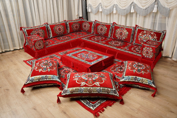 Red Arabic Majlis Floor Sofa, Diwan Sofa Sets, Turkish Floor Sofa, Moroccan Cushion, Ethnic Floor Cushion, Kilim Cushion Set, Traditional Sofa