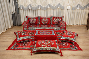 Red Arabic Majlis Floor Sofa, Diwan Sofa Sets, Turkish Floor Sofa, Moroccan Cushion, Ethnic Floor Cushion, Kilim Cushion Set, Traditional Sofa