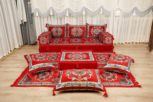 Red Arabic Majlis Floor Sofa, Diwan Sofa Sets, Turkish Floor Sofa, Moroccan Cushion, Ethnic Floor Cushion, Kilim Cushion Set, Traditional Sofa