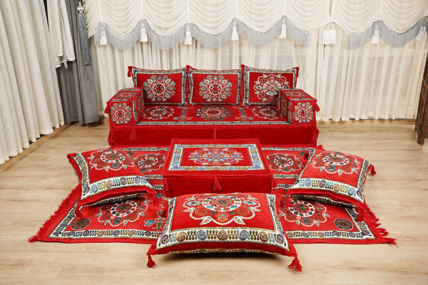 Red Arabic Majlis Floor Sofa, Diwan Sofa Sets, Turkish Floor Sofa, Moroccan Cushion, Ethnic Floor Cushion, Kilim Cushion Set, Traditional Sofa