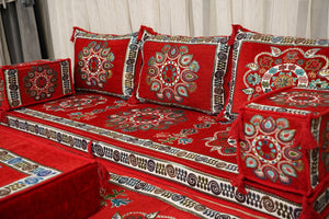 Red Arabic Majlis Floor Sofa, Diwan Sofa Sets, Turkish Floor Sofa, Moroccan Cushion, Ethnic Floor Cushion, Kilim Cushion Set, Traditional Sofa