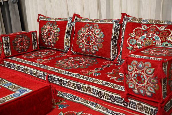 Red Arabic Majlis Floor Sofa, Diwan Sofa Sets, Turkish Floor Sofa, Moroccan Cushion, Ethnic Floor Cushion, Kilim Cushion Set, Traditional Sofa
